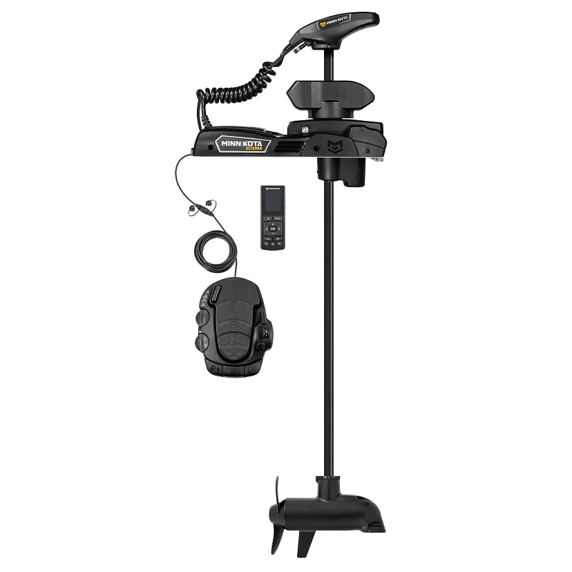 Minn Kota Ulterra 112 LB. 36 Volt System Motors, black electric trolling motor with integrated foot pedal and remote control, designed for precise fishing boat maneuvering.