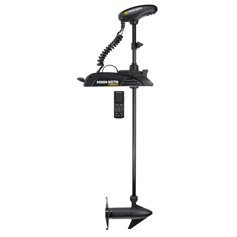 Minn Kota Terrova 55 LB. 12 Volt System Motors black trolling motor with remote control, designed for precise boat maneuvering and enhanced fishing experience.