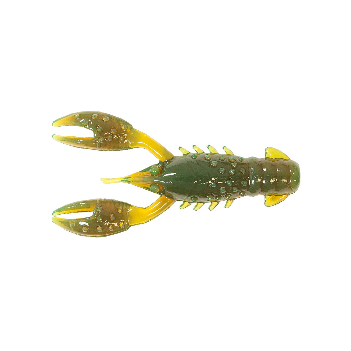 Close-up view of a green and yellow soft plastic fishing lure shaped like a crawfish with textured body and claws, known as Z-Man TRD CrawZ, designed for fishing tackle use.