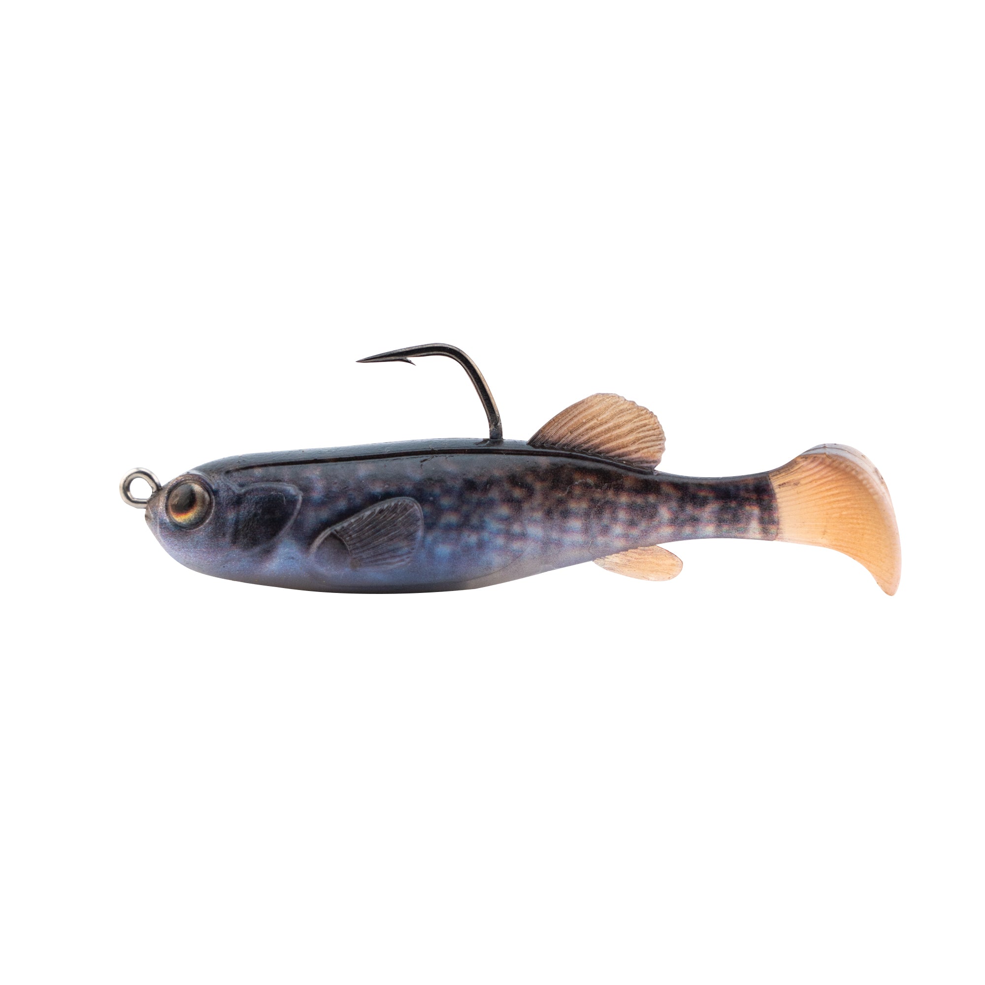 Z-Man Mudstudz fishing lure designed to mimic a small fish with realistic fin and tail details, featuring a sharp hook for effective musky and ice fishing tackle.