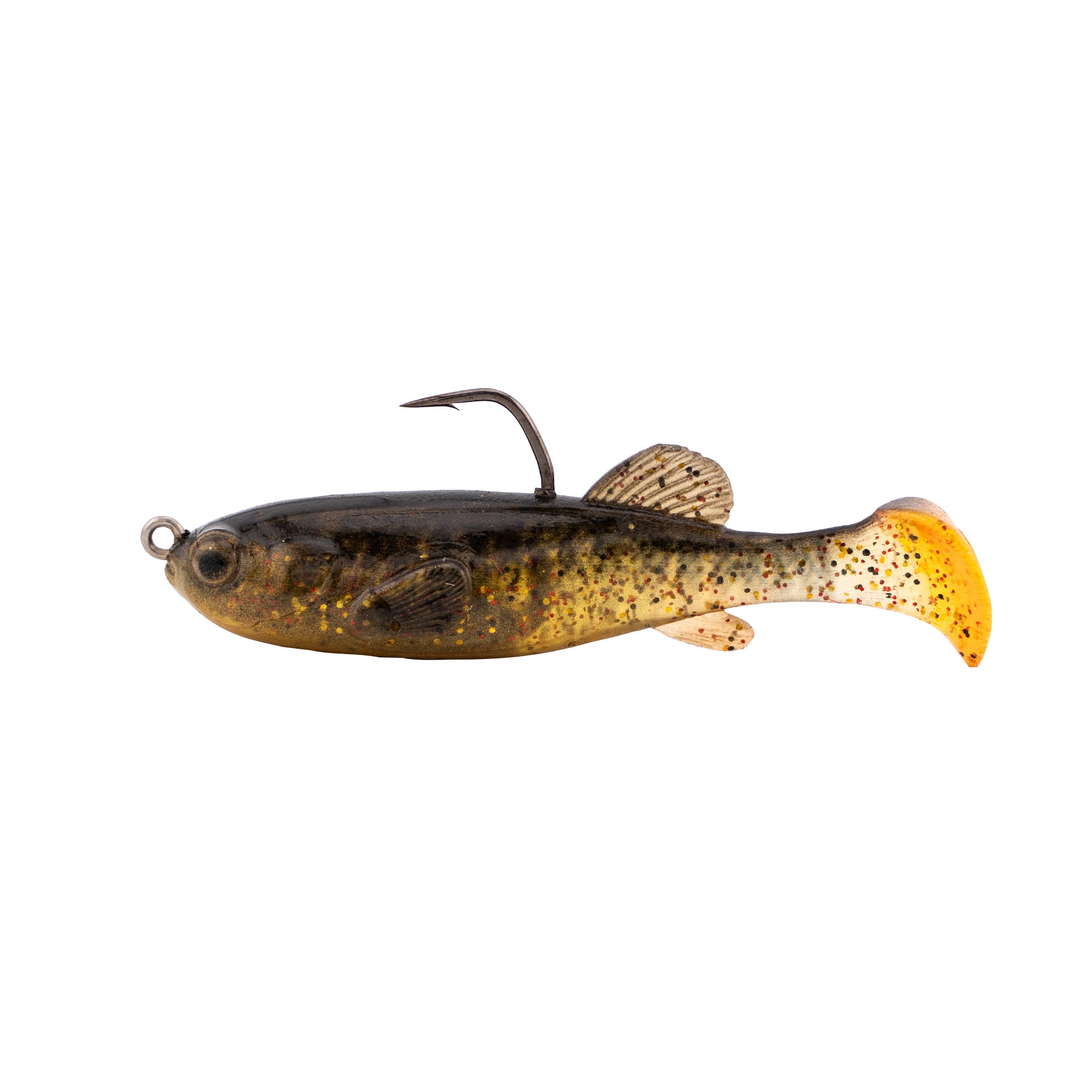 Z-Man Mudstudz fishing lure designed to mimic a small fish with a soft body, dark and speckled coloring, and a paddle tail for realistic movement in water.