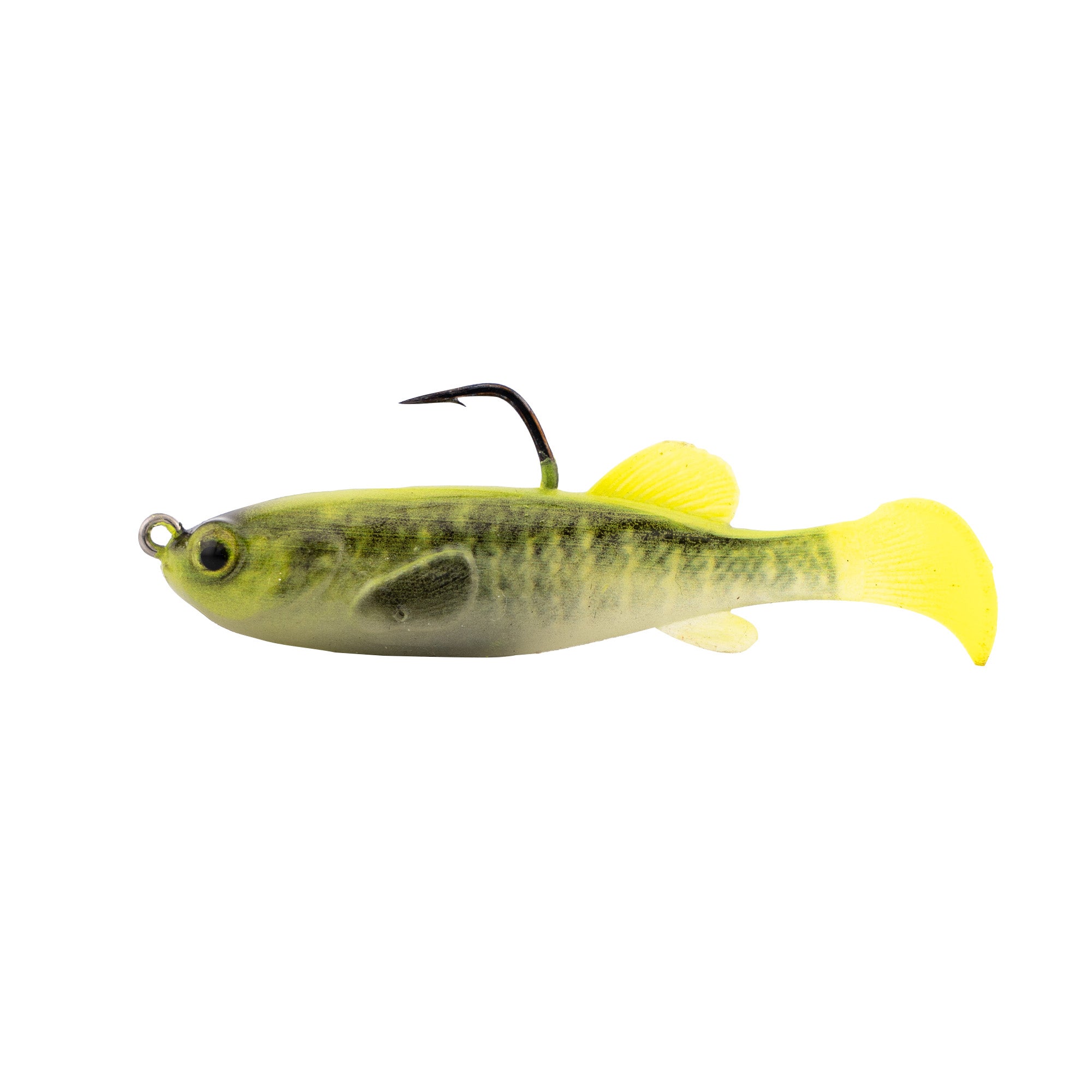Z-Man Mudstudz soft fishing lure designed to mimic a small fish with green and yellow coloring and a built-in hook for musky and freshwater fishing tackle.