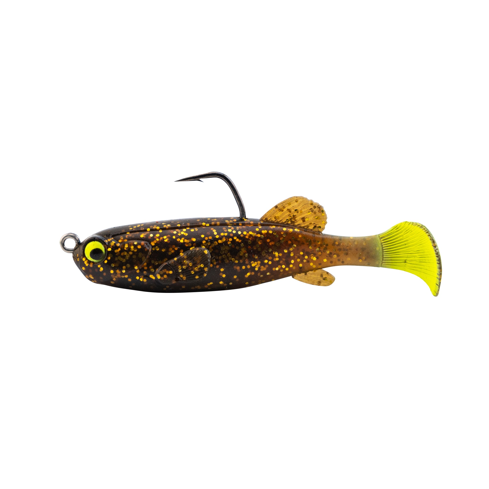 Z-Man Mudstudz fishing lure in brown with yellow speckles, featuring a soft body design and a bright yellow paddle tail with a single hook.