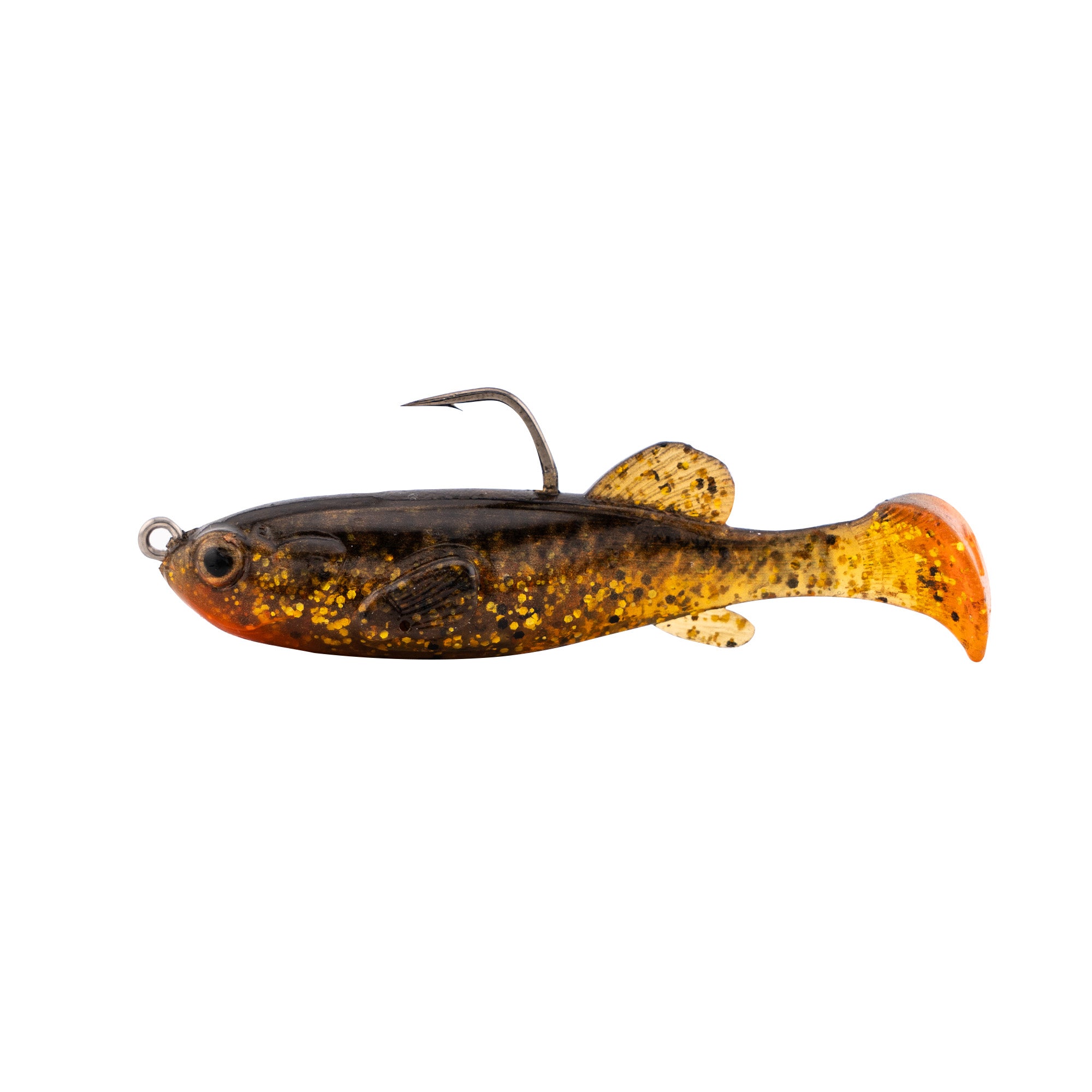 Z-Man Mudstudz fishing lure in dark brown and orange with flecks, featuring a paddle tail and a single exposed hook, designed for musky and other freshwater fishing.