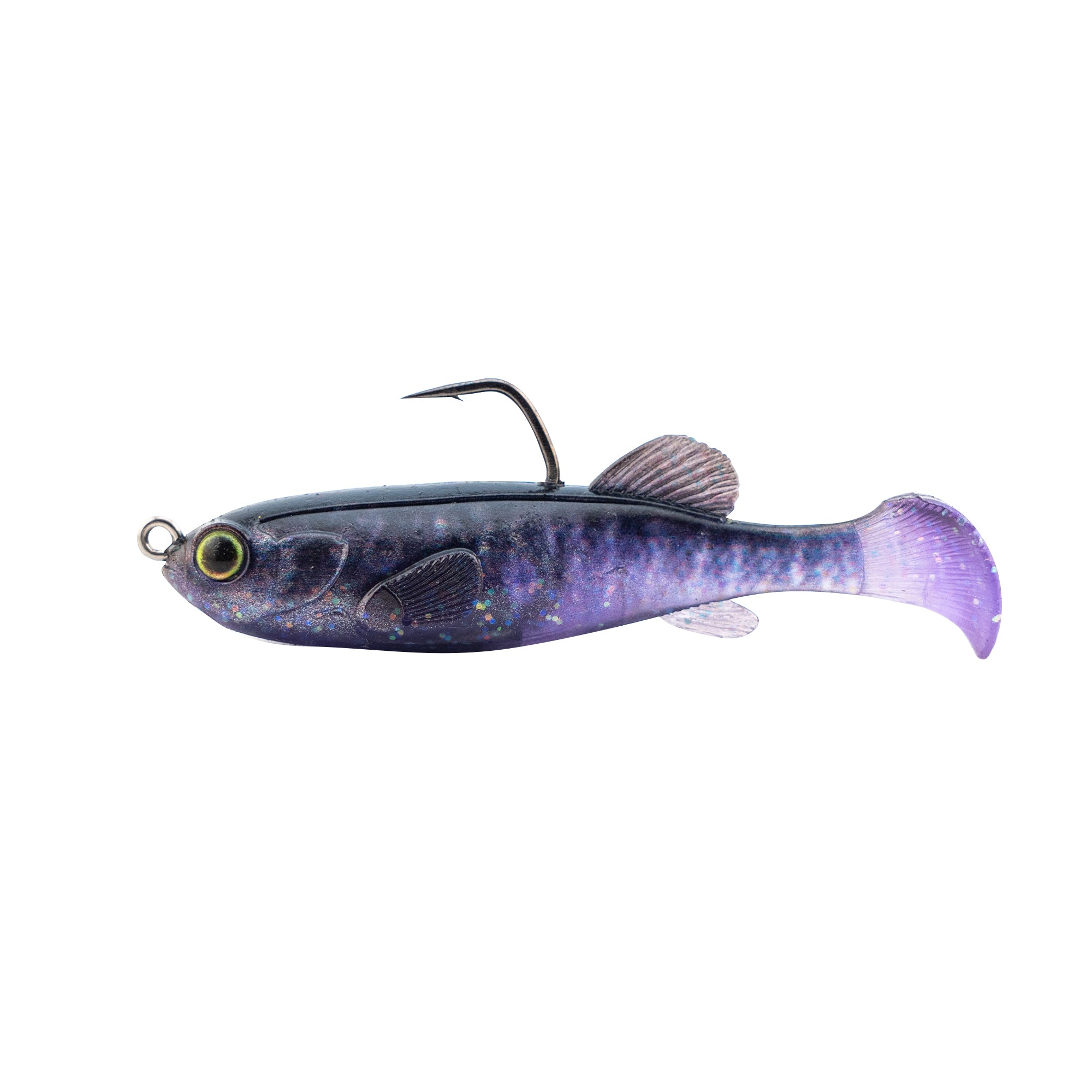 Z-Man Mudstudz fishing lure in purple and black with a soft body, realistic eye, fins, paddle tail, and a single hook for musky and freshwater fishing tackle.