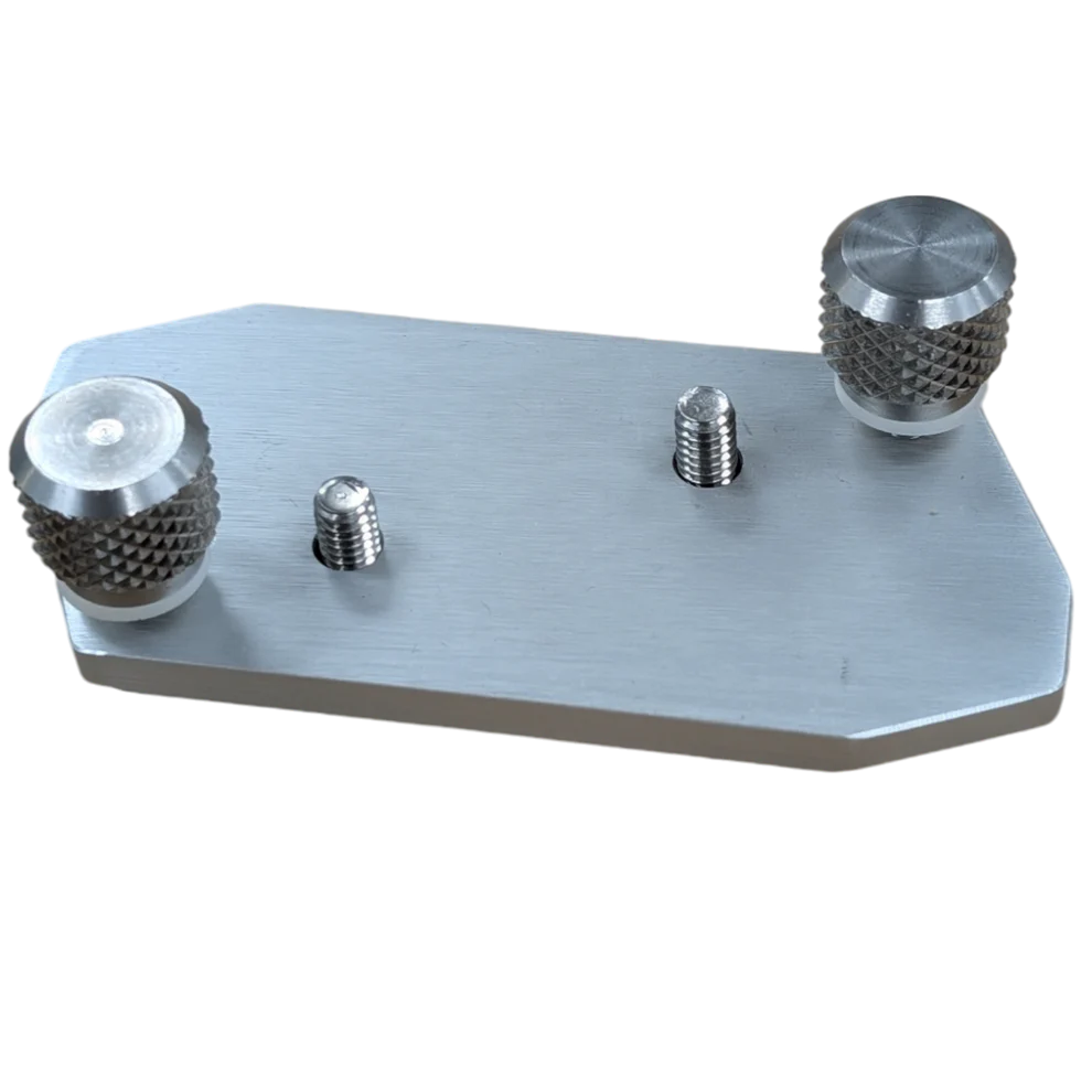 Cisco Drop & Lock Track Mount SKU:MTDNL is a rectangular silver metal plate with two large knurled tightening knobs and two smaller screws for secure attachment, designed for fishing tackle setups.
