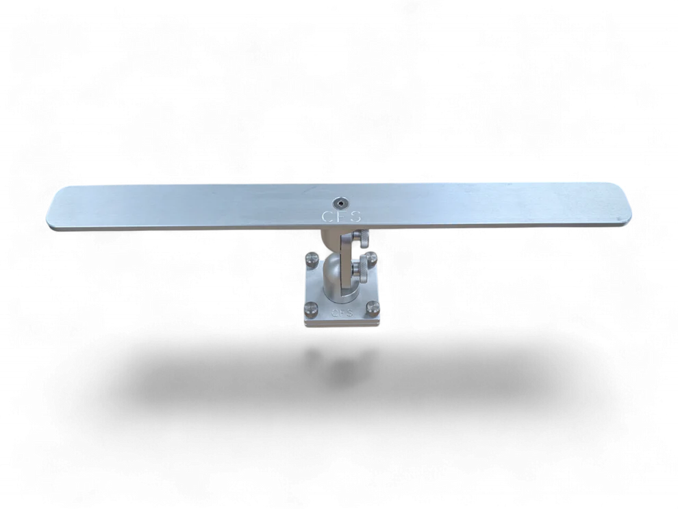 Cisco Side-By-Side Dual Articulating Electronics Mount 24" - 4"x4" base SKU:MTH24-TS made of metal with a flat elongated bar on an adjustable swivel base for mounting marine electronics on boats.