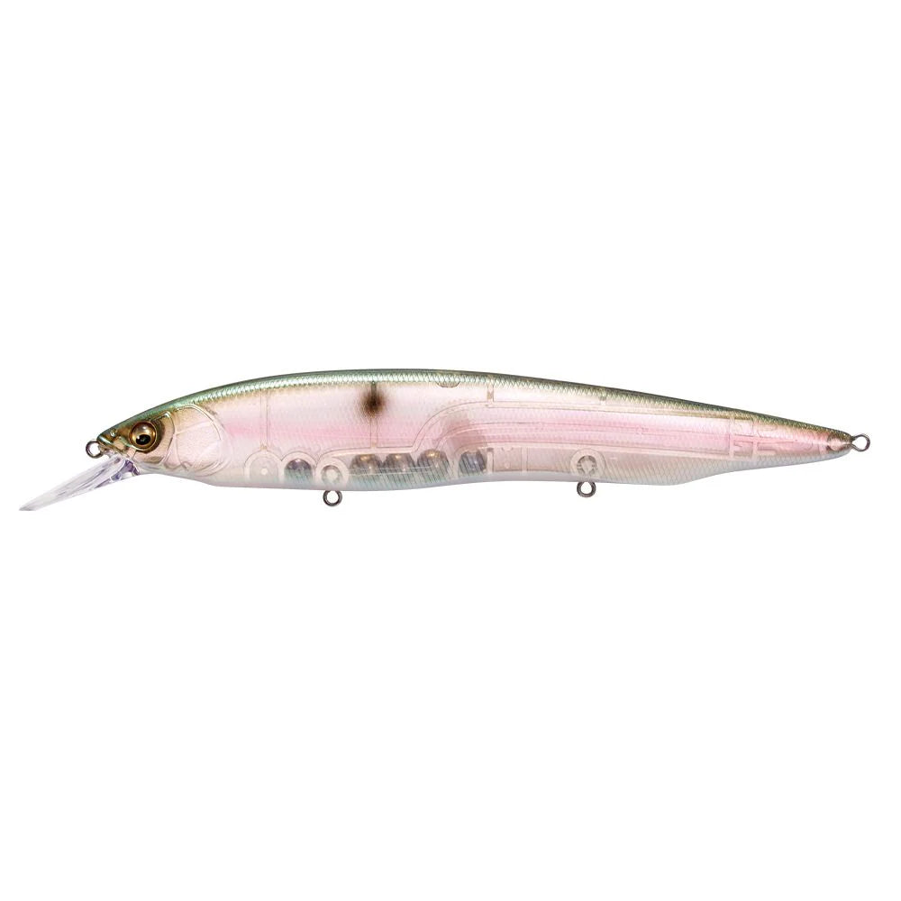 Megabass Kanata +1 fishing lure with a slim, translucent body featuring internal weight beads, a detailed fish eye, and a small angled lip for diving action.