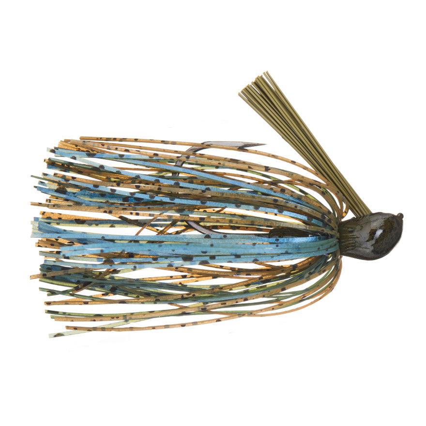 Greenfish Tackle Sinewy Jig fishing lure featuring a detailed skirt in blue and tan tones with black speckles, designed for effective freshwater fishing tackle use.