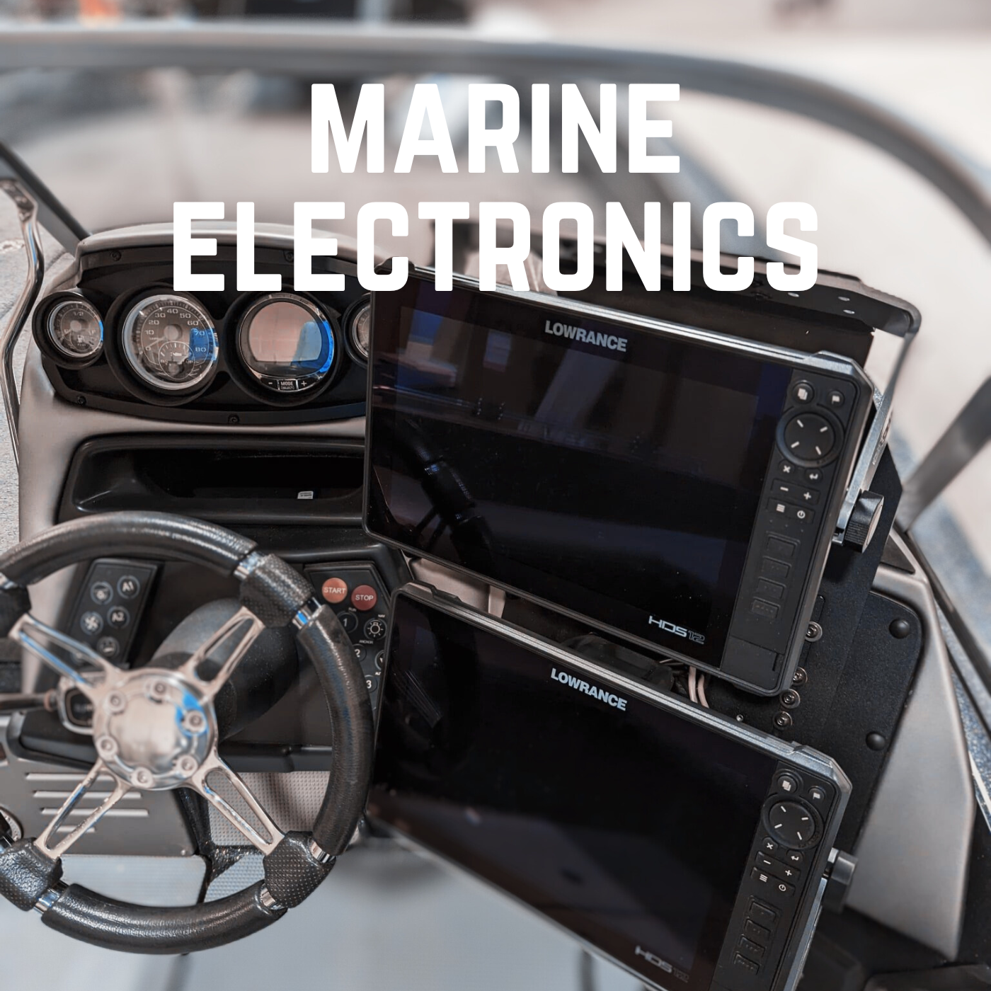 dashboard of boat with 2 lowrance graphs mounted.