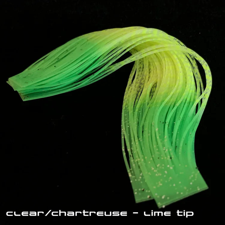Sight Cast Marsh Legs fishing lure skirt in clear and chartreuse colors with lime green tips, featuring flexible silicone strands designed for attracting fish.