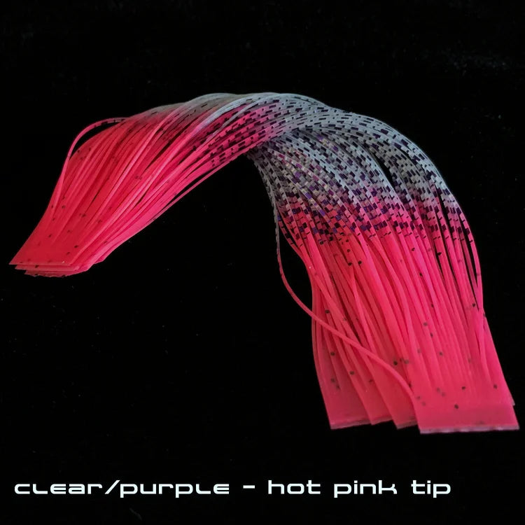 Sight Cast Marsh Legs fishing lure silicone skirt with clear and purple body and hot pink tips, designed for musky fishing tackle and custom rod setups.
