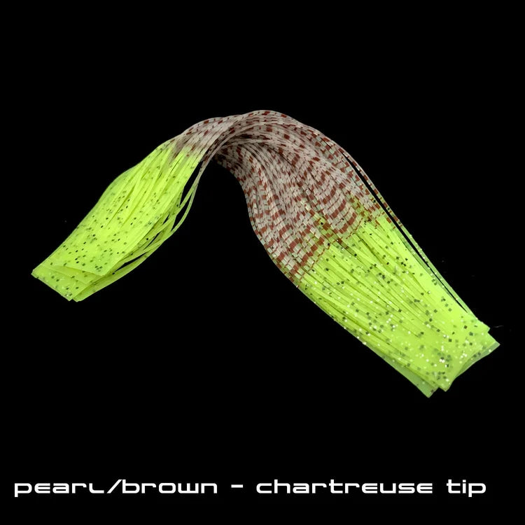 Sight Cast Marsh Legs fishing lure skirt in pearl brown with chartreuse tips, designed for musky fishing and enhanced with glitter for added attraction.