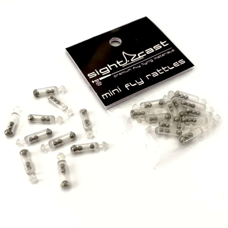 Sight Cast Mini Rattles are small clear plastic tubes containing metal beads, designed for fly tying to enhance fishing lures with rattling sound for improved attraction.