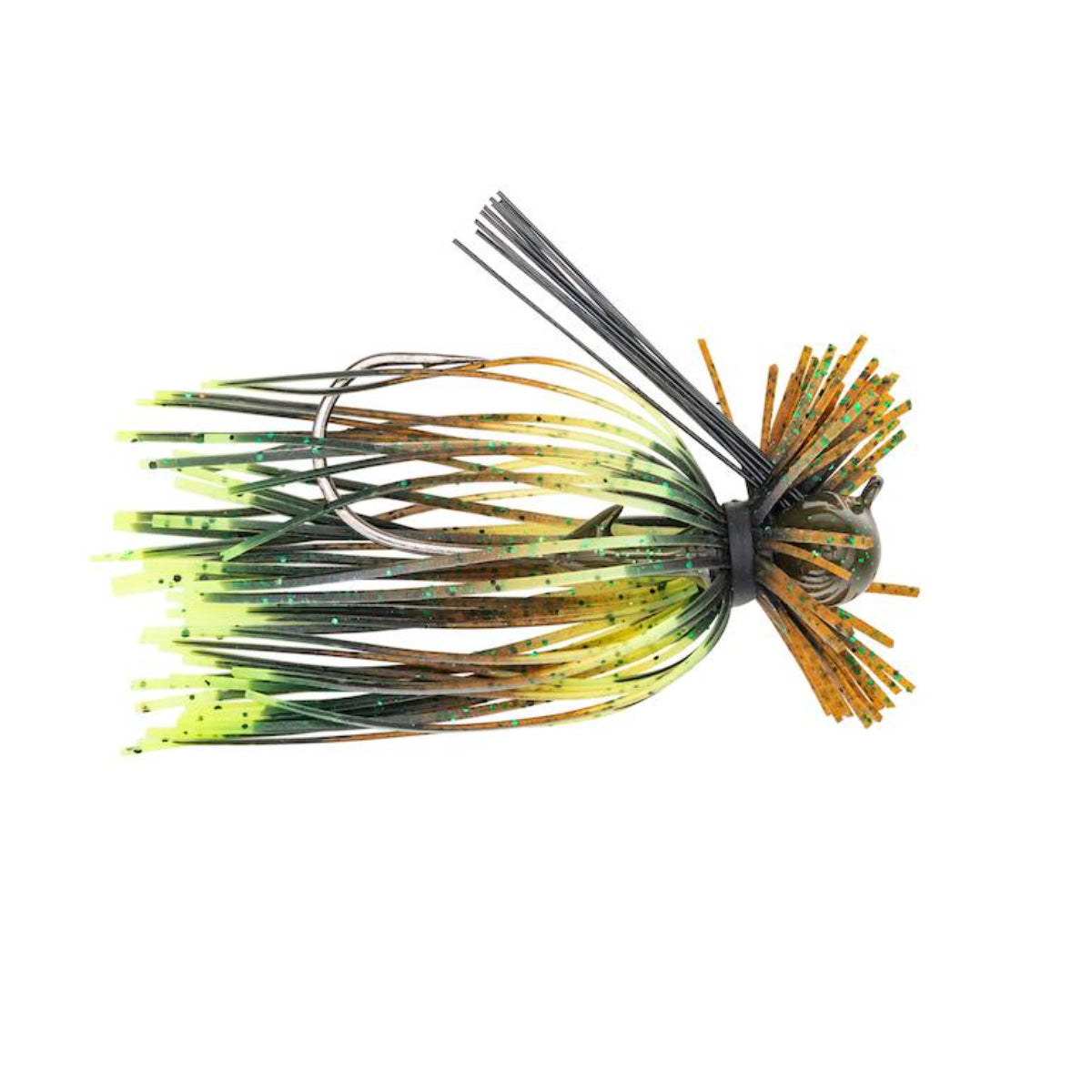 Strike King Tour Grade Finesse Football Jig featuring a green and orange skirt with black speckles, designed as a fishing lure for finesse fishing and tackle enthusiasts.