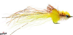 Murdich Minnow #1/0 fishing lure with yellow and brown feathers, designed for musky and fly fishing, featuring realistic eyes and a detailed feather body.