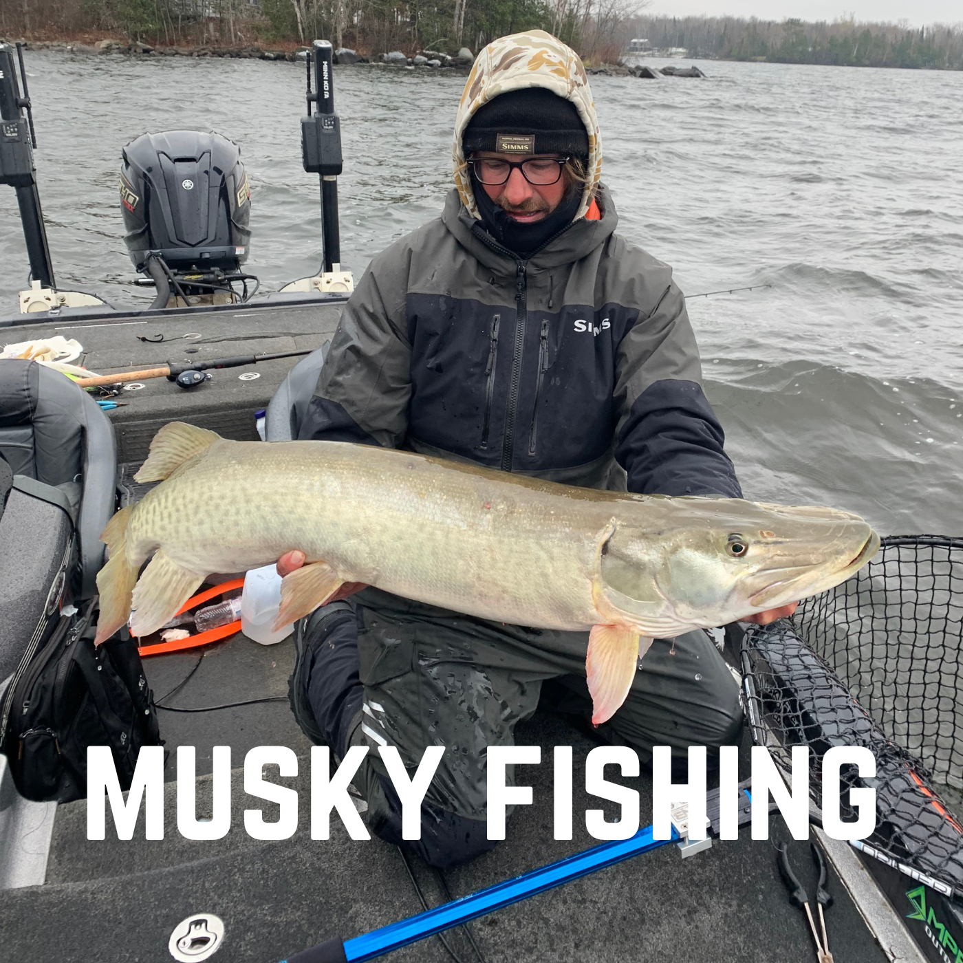 man holding musky in boat on lake. title musky fishing.