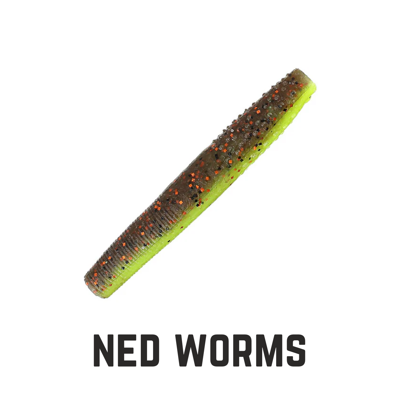 chartreuse brown with copper flecks ned worm with text overlay ned worms
