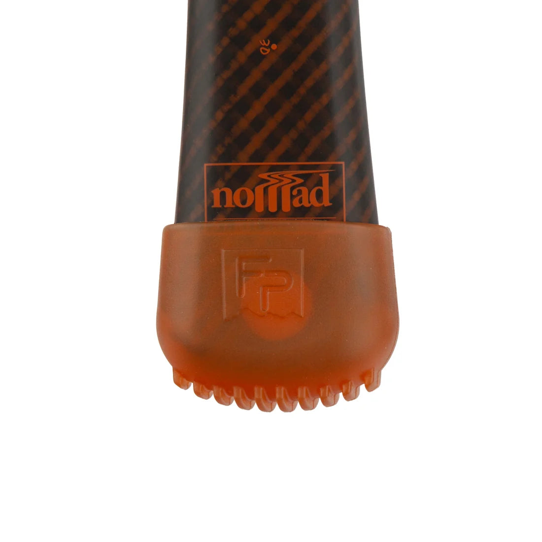 Fishpond Nomad End-Cap orange protective rod end cap with textured grip teeth and branded carbon fiber section shown against a white background