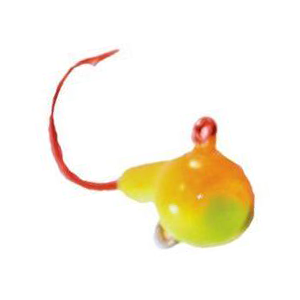 Close-up of a brightly colored fishing lure with a yellow and orange bulbous head and a sharp red curved hook, named Mission Tackle Short Shank Jig, used for fishing tackle.