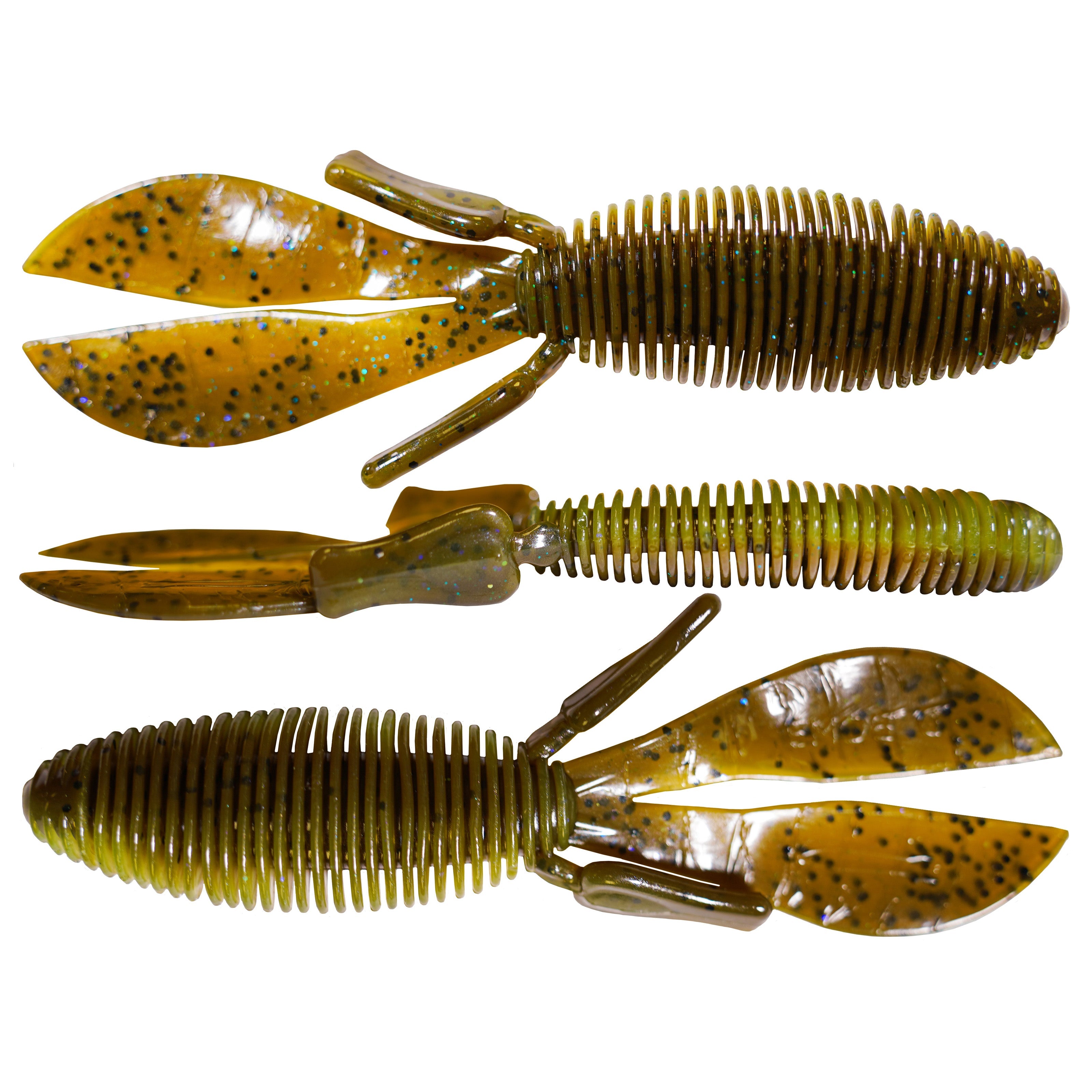 Three views of the Missile Baits D Bomb - Omnia Gill Exclusive Color soft fishing lure, featuring a ribbed olive and brown body with black speckled, paddle-like appendages designed to attract fish.
