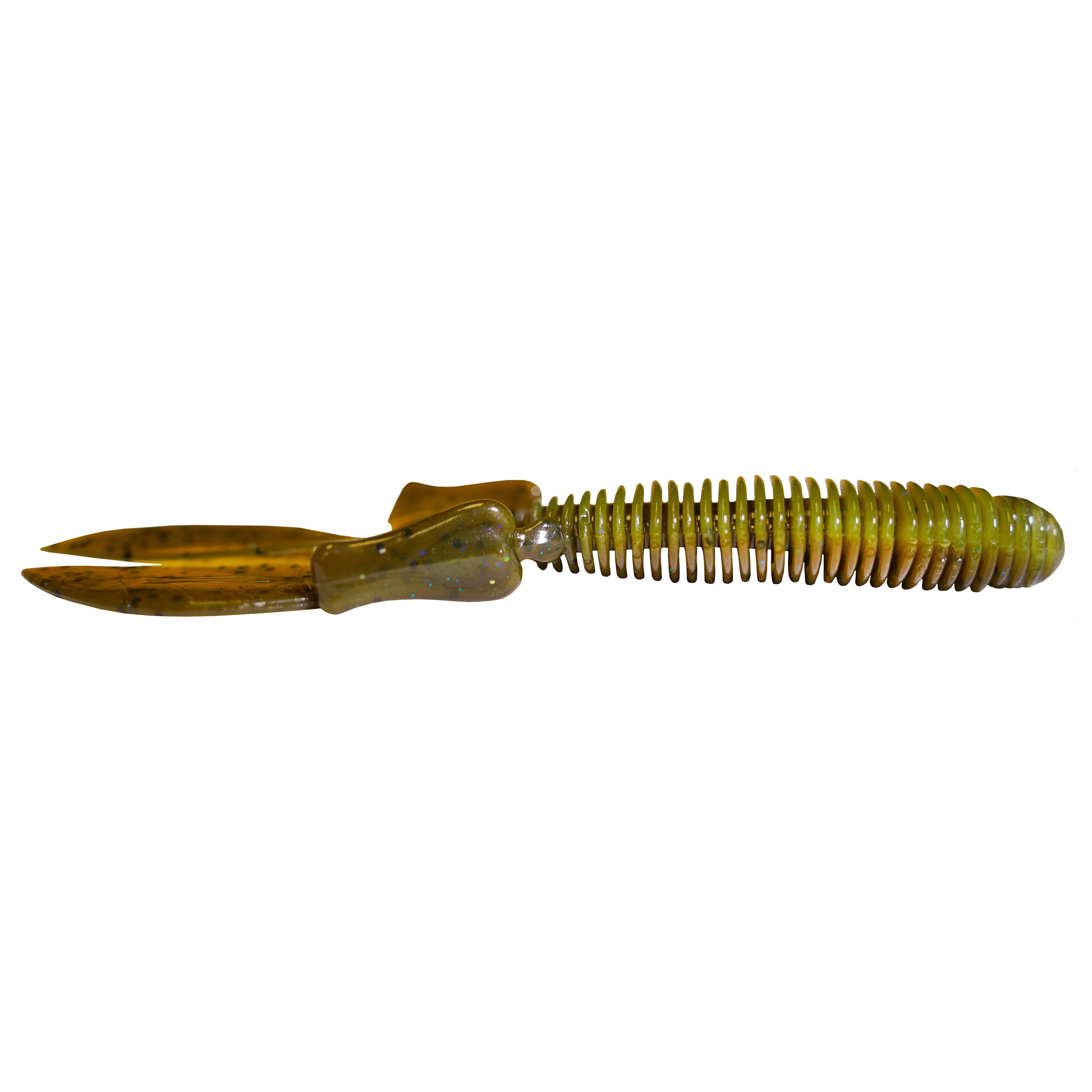 Soft fishing lure in green and brown tones with ribbed body and twin tail paddles, designed for casting and retrieving, called Missile Baits D Bomb - Omnia Gill Exclusive Color.