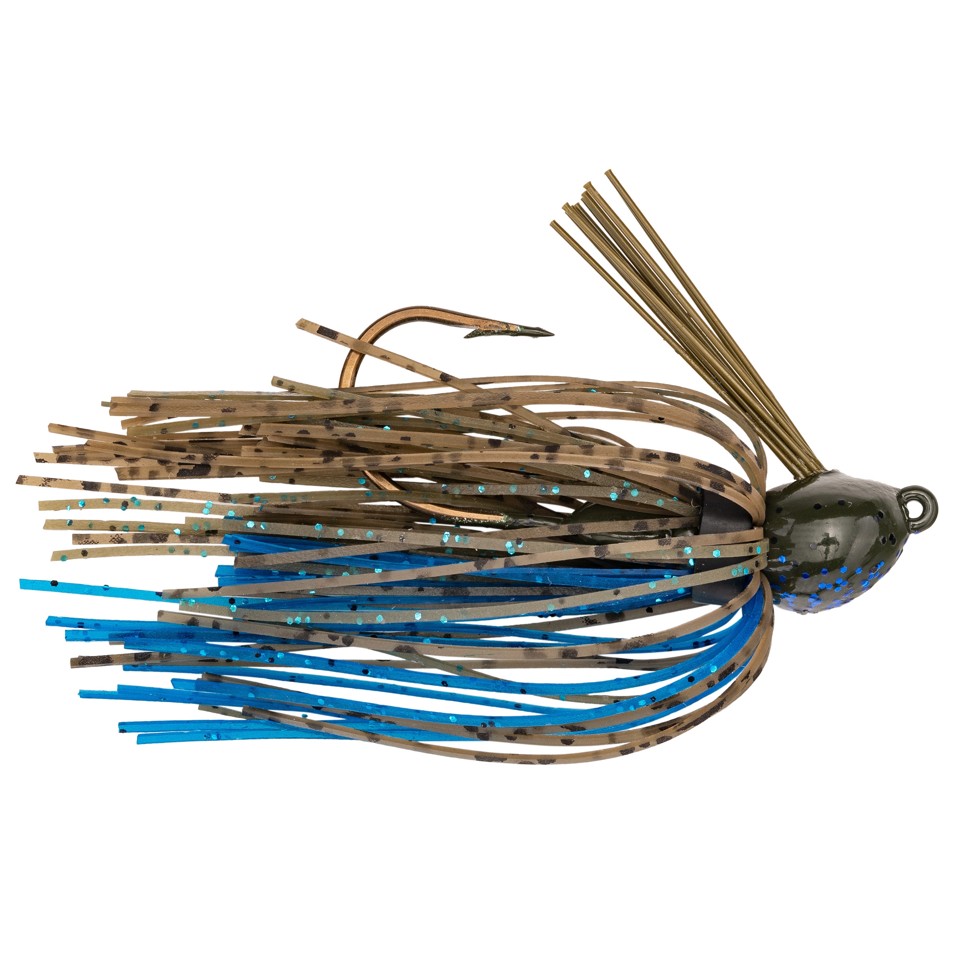 Strike King Bitsy Bug Mini Jig with a weighted olive green head, a sharp hook, and a flexible skirt featuring brown and blue strands with black speckles designed for fishing tackle use.