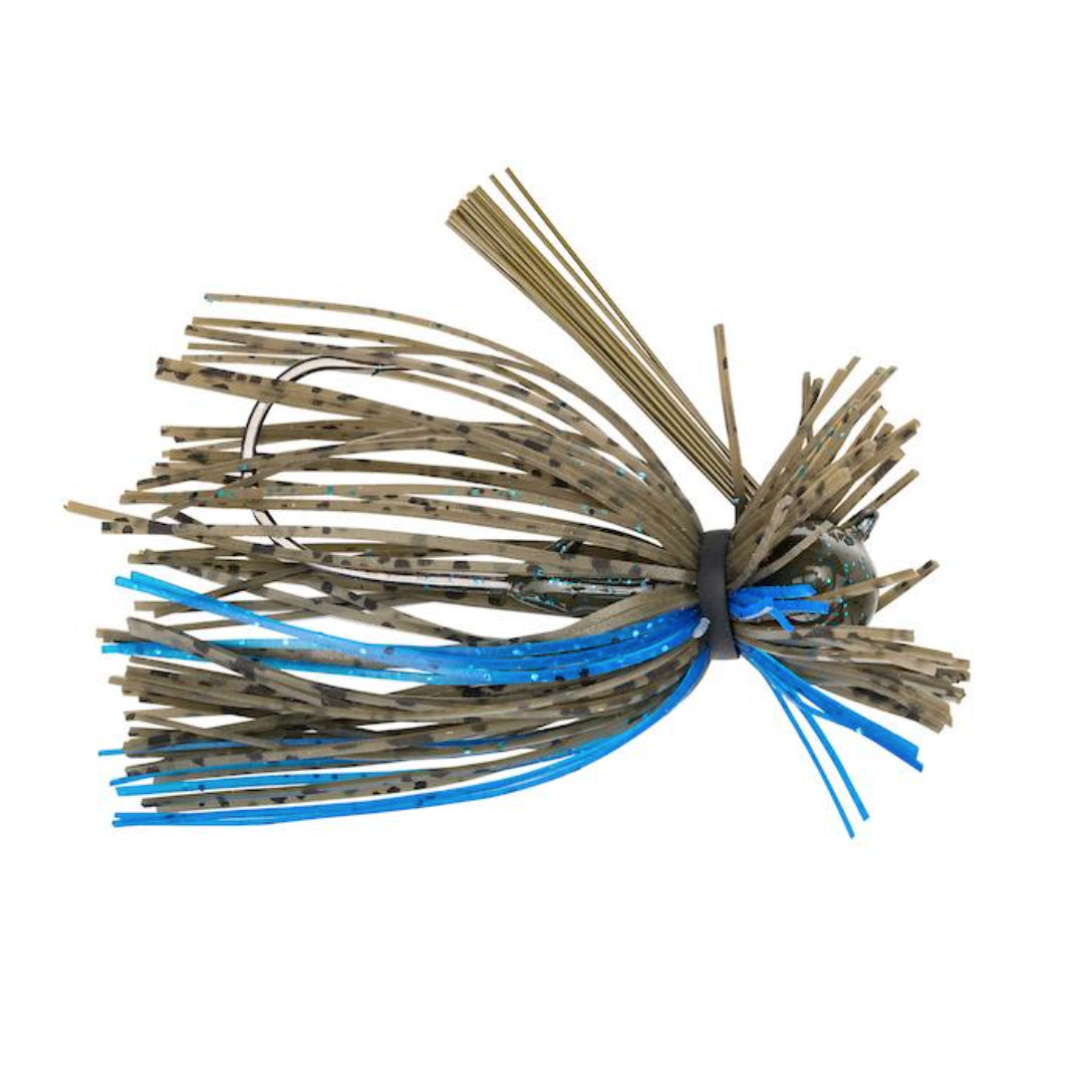 Close-up of a Strike King Tour Grade Finesse Football Jig fishing lure featuring a brown and blue skirt designed for freshwater fishing and fishing tackle enthusiasts.