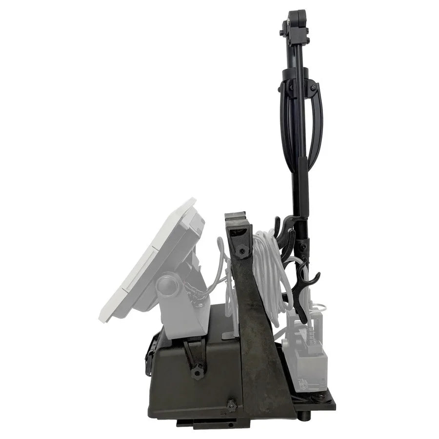 Brew City Shuttle & Ice Pole Bundle - SKU: BC-SPB shown as a black ice fishing shuttle with pole holder and attached fishing equipment on white background