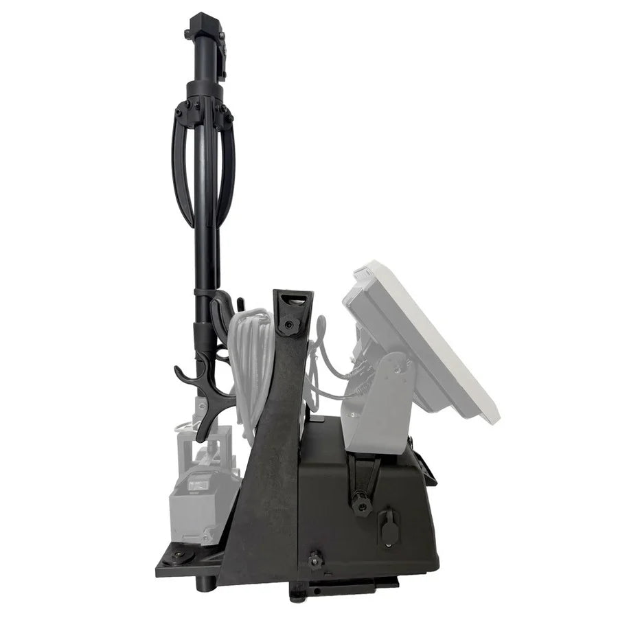Brew City Shuttle & Ice Pole Bundle - SKU: BC-SPB black ice fishing shuttle with mounted ice pole holder wiring and compact electronics for organized ice fishing tackle
