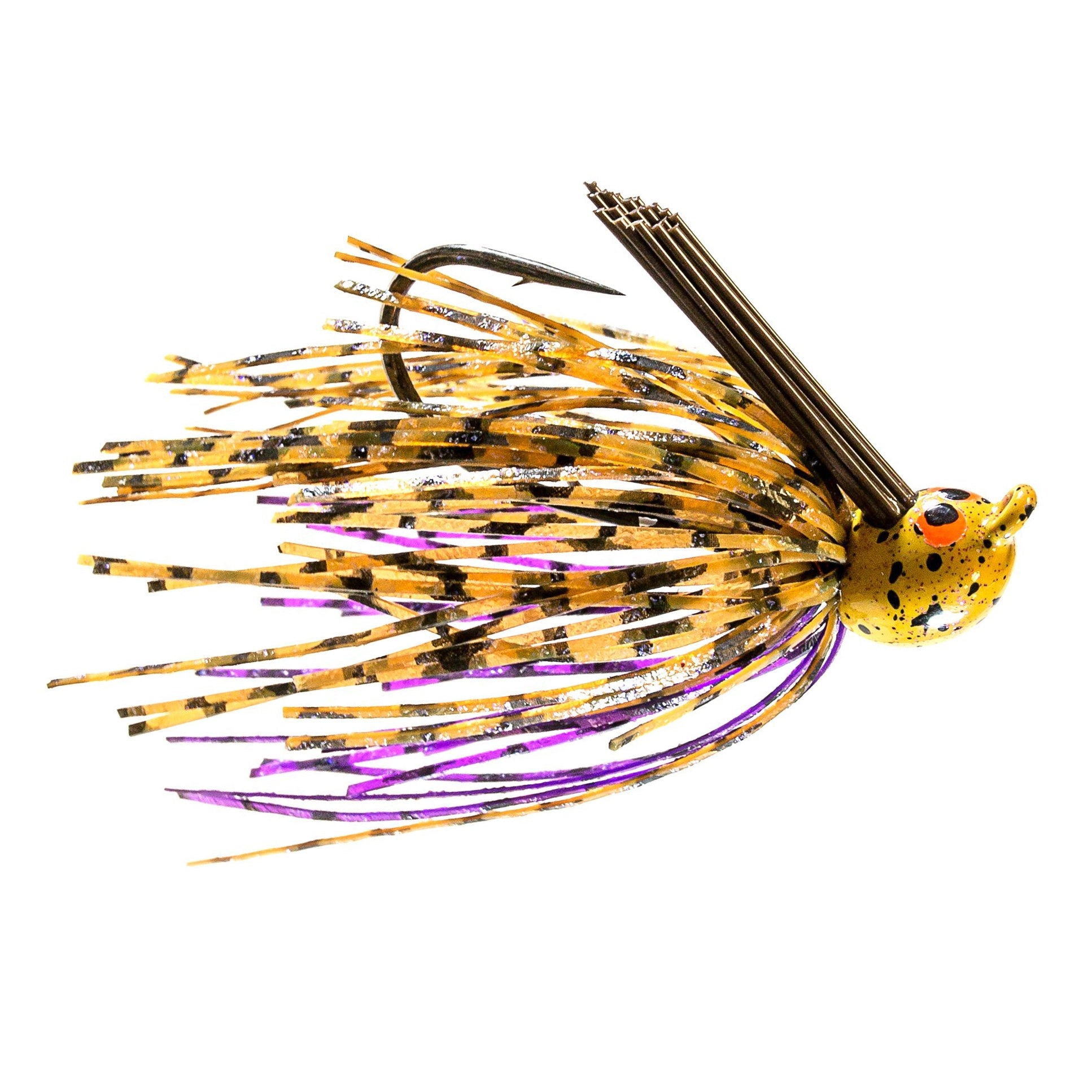 Z-Man CrossEyeZ Power Finesse Jig fishing lure with a detailed yellow and black spotted head, flexible skirt strands in orange, black, and purple, and a weed guard for finesse fishing.