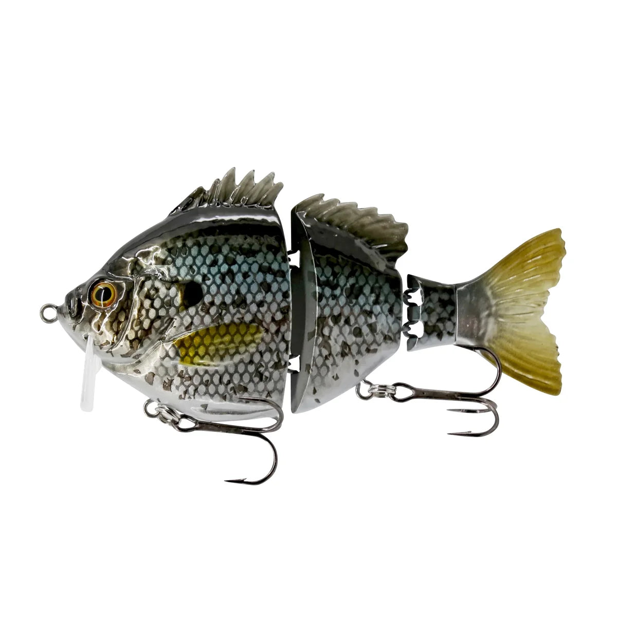 FishLab Bio-Gill Wake Bait Pro segmented bluegill fishing lure with lifelike scales yellow tail and treble hooks for musky tackle