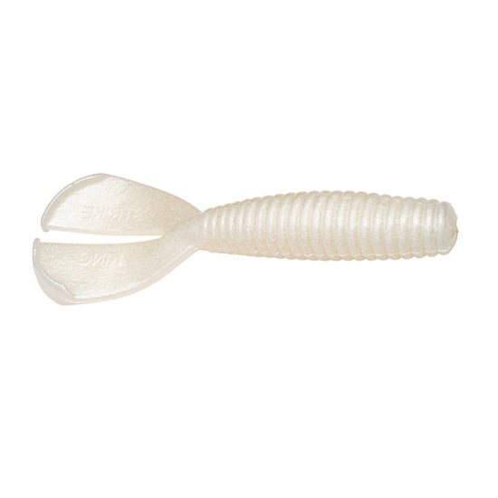 Strike King Magnum Rage Menace Grub in a pearlescent white color, featuring a ribbed body and twin paddle tail for lifelike movement in fishing tackle.