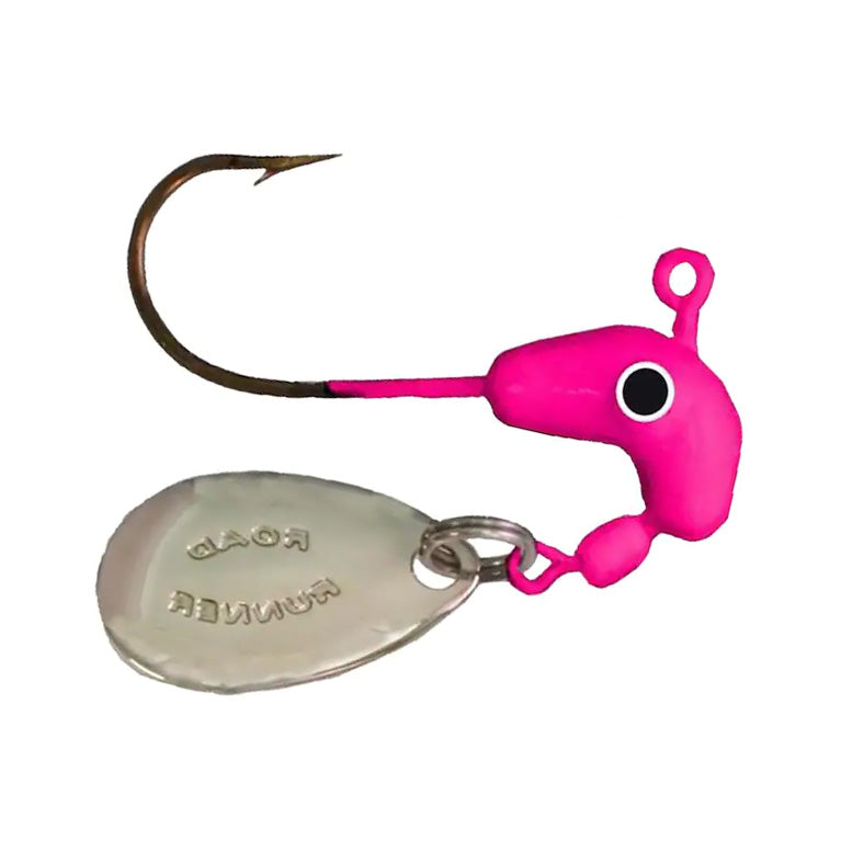 Blakemore Original Road Runner Head fishing lure with a bright pink head, black and white eye detail, single sharp hook, and attached silver spinner blade for attracting fish.