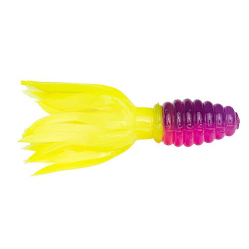 Strike King Mr. Crappie Thunder Tube Bait in yellow and purple with a ribbed body and soft, flowing tail designed for fishing tackle use.