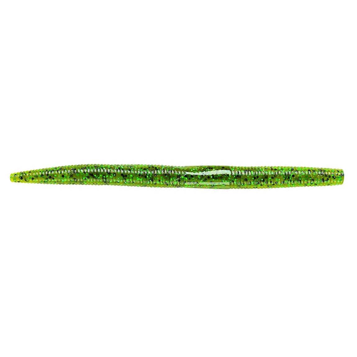 Yum Dinger Worm 5" is a green and black speckled soft plastic fishing lure designed for use as fishing tackle to attract fish in freshwater environments.