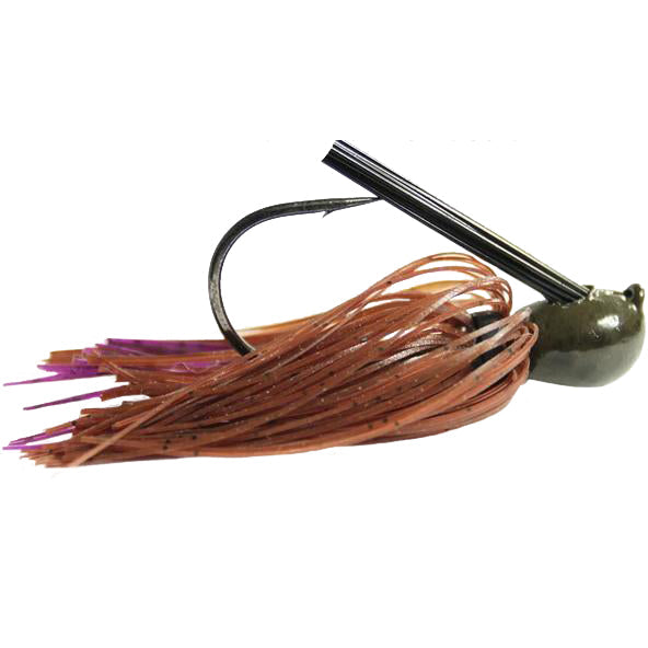 Missile Baits Ike's Mini Flip Jig fishing lure with a purple and brown silicone skirt, black weed guard, and weighted head designed for musky fishing tackle.