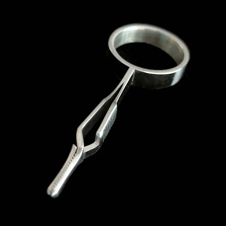 Sight Cast Palmering Pliers shown in polished metal with a finger ring and textured gripping jaws, designed for precise use in fishing tackle handling.