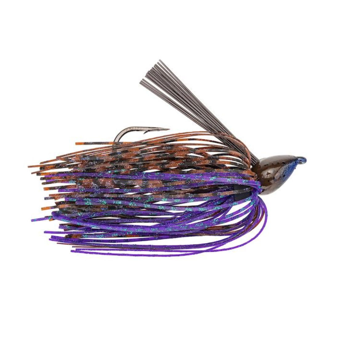 Strike King Denny Brauer Baby Structure Jig fishing lure with a multi-colored skirt in shades of purple, brown, and orange, designed for musky fishing tackle.