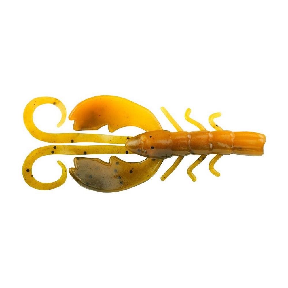 Berkley PowerBait Crazy Leg Chigger Craw fishing lure in orange with curled tail appendages and speckled detailing, designed for freshwater fishing tackle.