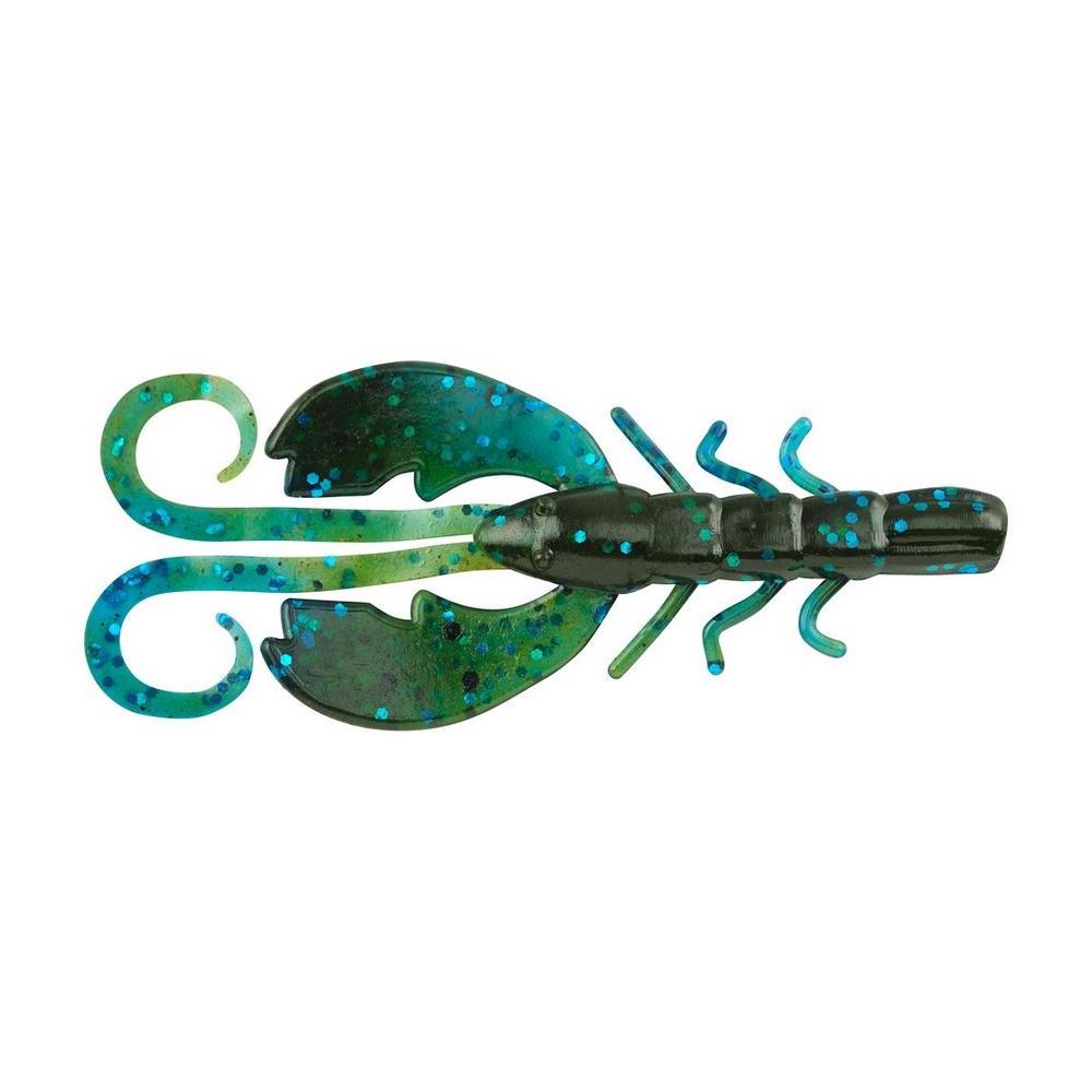 Berkley PowerBait Crazy Leg Chigger Craw fishing lure in green and blue tones with speckled details, designed to mimic a crawfish for use in fishing tackle and bait setups.