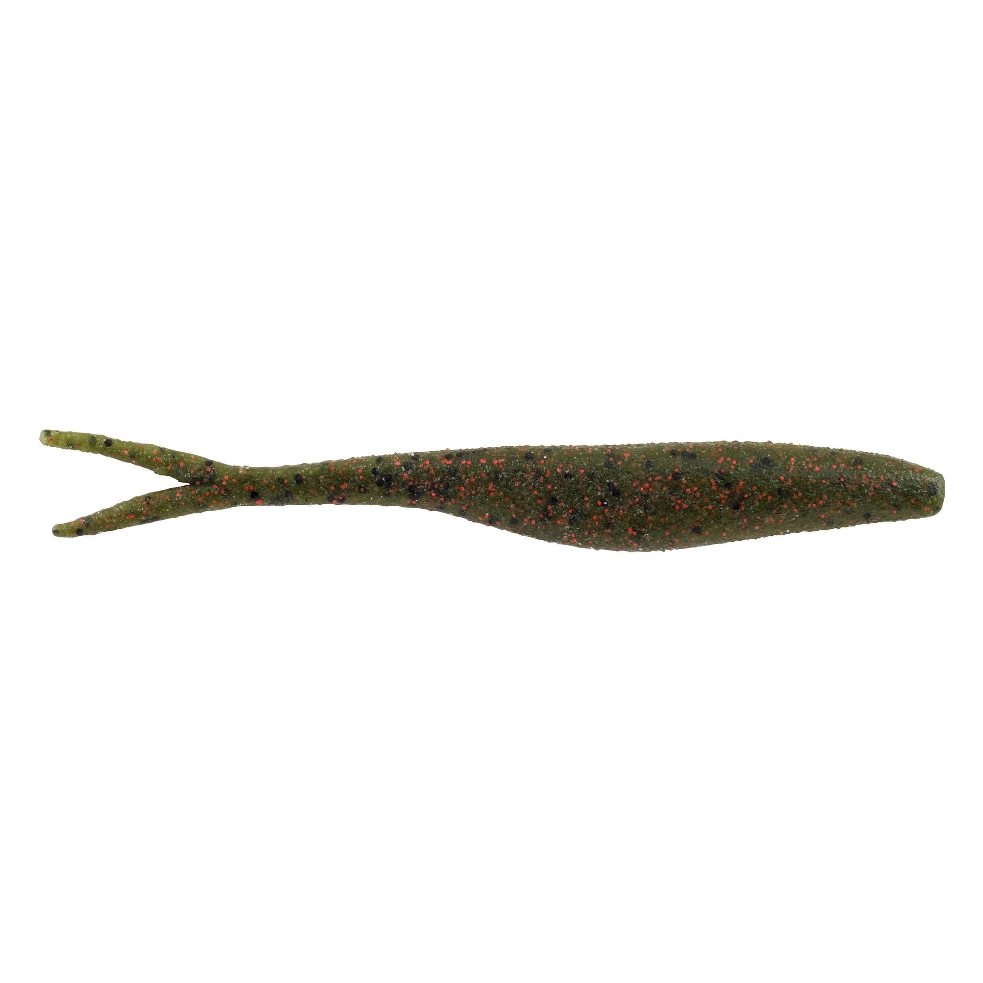 Berkley PowerBait MaxScent Flatnose Jerk Shad fishing lure in green with red speckles, designed to mimic natural bait for freshwater fishing tackle.