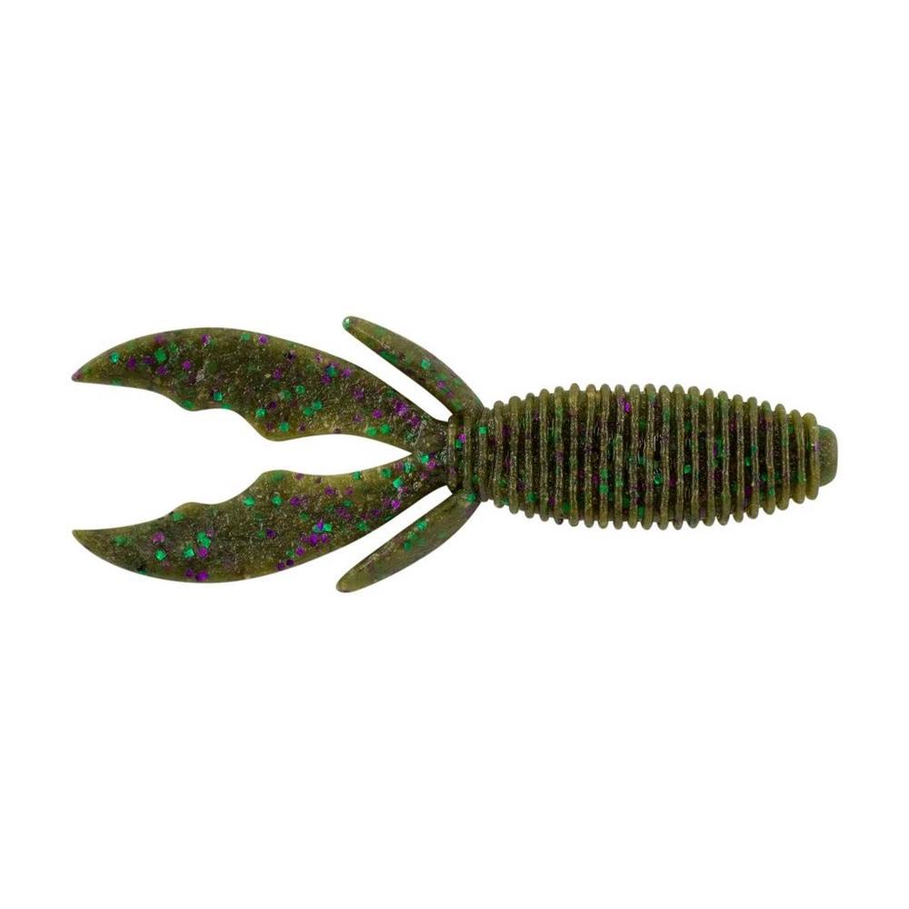Berkley PowerBait MaxScent Creature Hawg fishing lure in green with purple and blue speckles, designed for attracting musky and enhancing fishing tackle selection.
