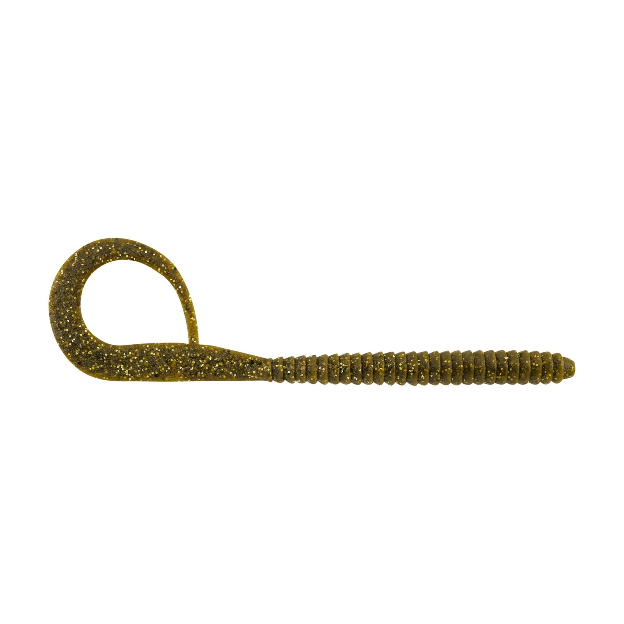 Berkley PowerBait MaxScent Kingtail Worm fishing lure in green with gold flecks, featuring a ribbed body and curly tail designed for realistic movement in water.