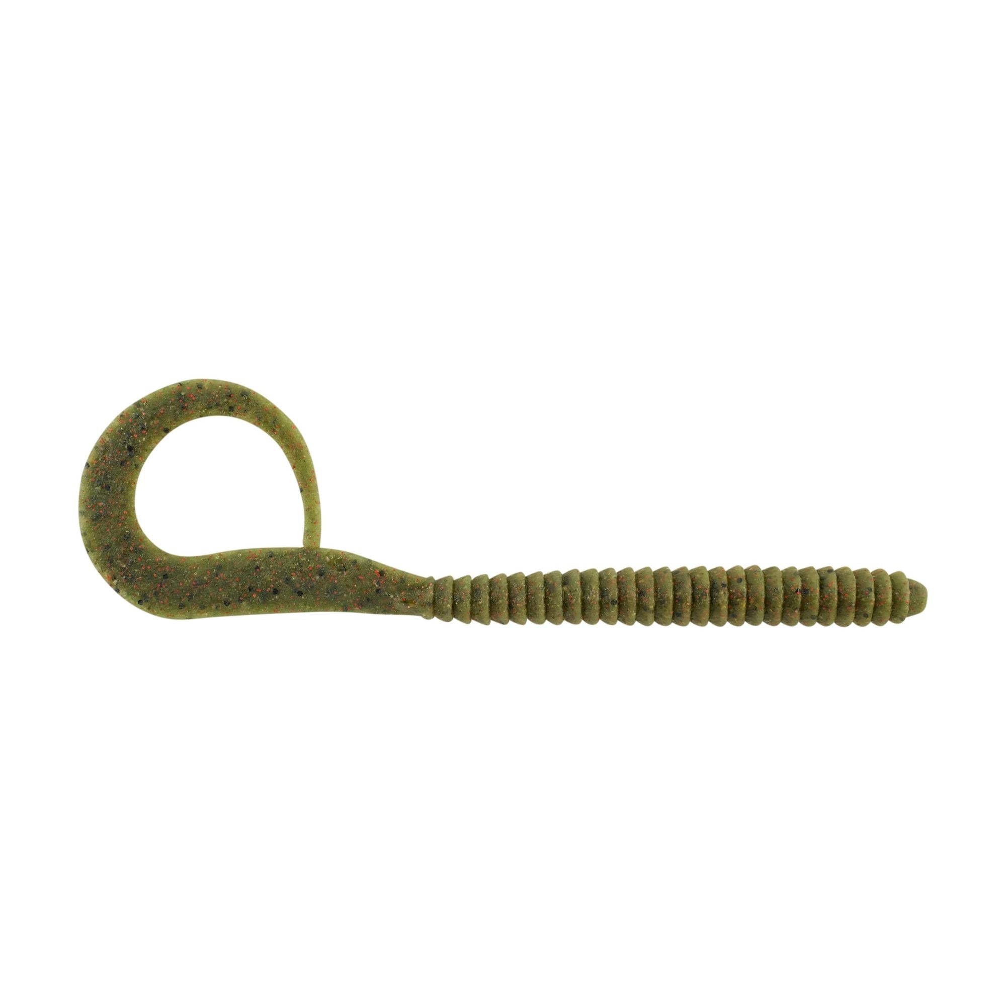 Berkley PowerBait MaxScent Kingtail Worm fishing lure in green with flecks, featuring a ribbed body and curved tail designed for lifelike movement in water.