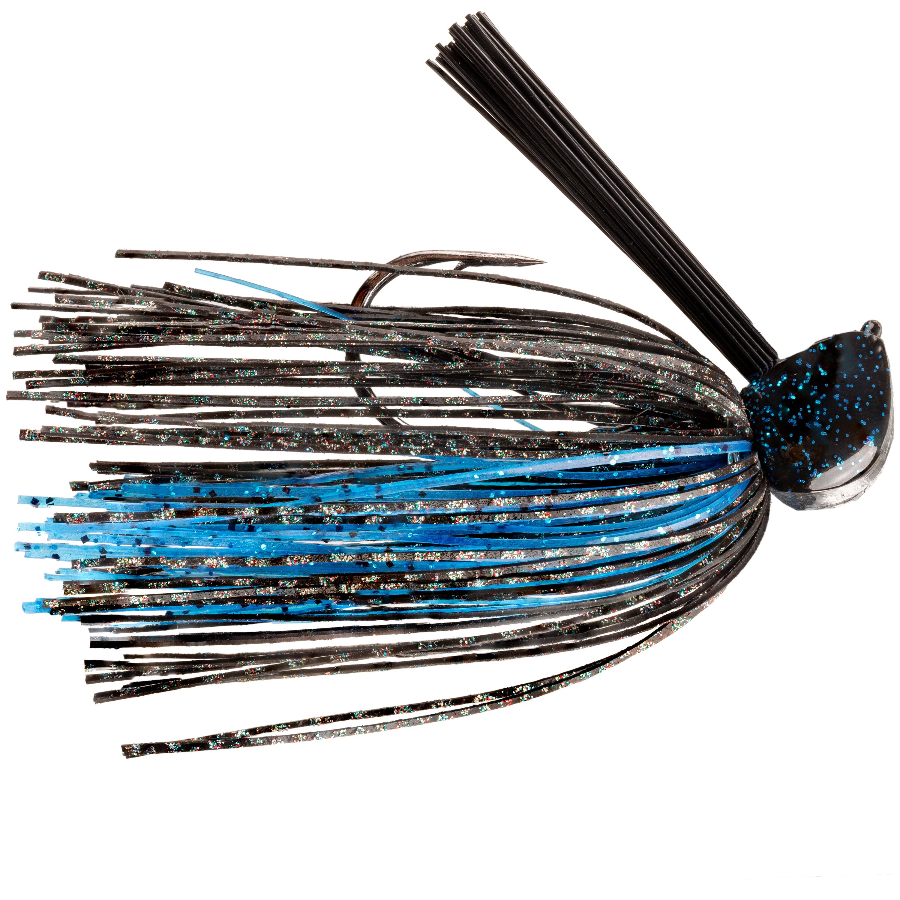 Strike King Tour Grade Tungsten Flip Jig fishing lure with a weighted black and blue speckled head and a skirt featuring black and blue strands with glitter accents.