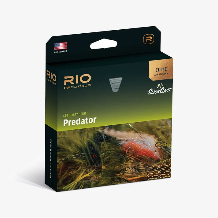 Rio Elite Predator Deep Fly Line package for predator fly fishing featuring sinking line technology and colorful streamer fly imagery