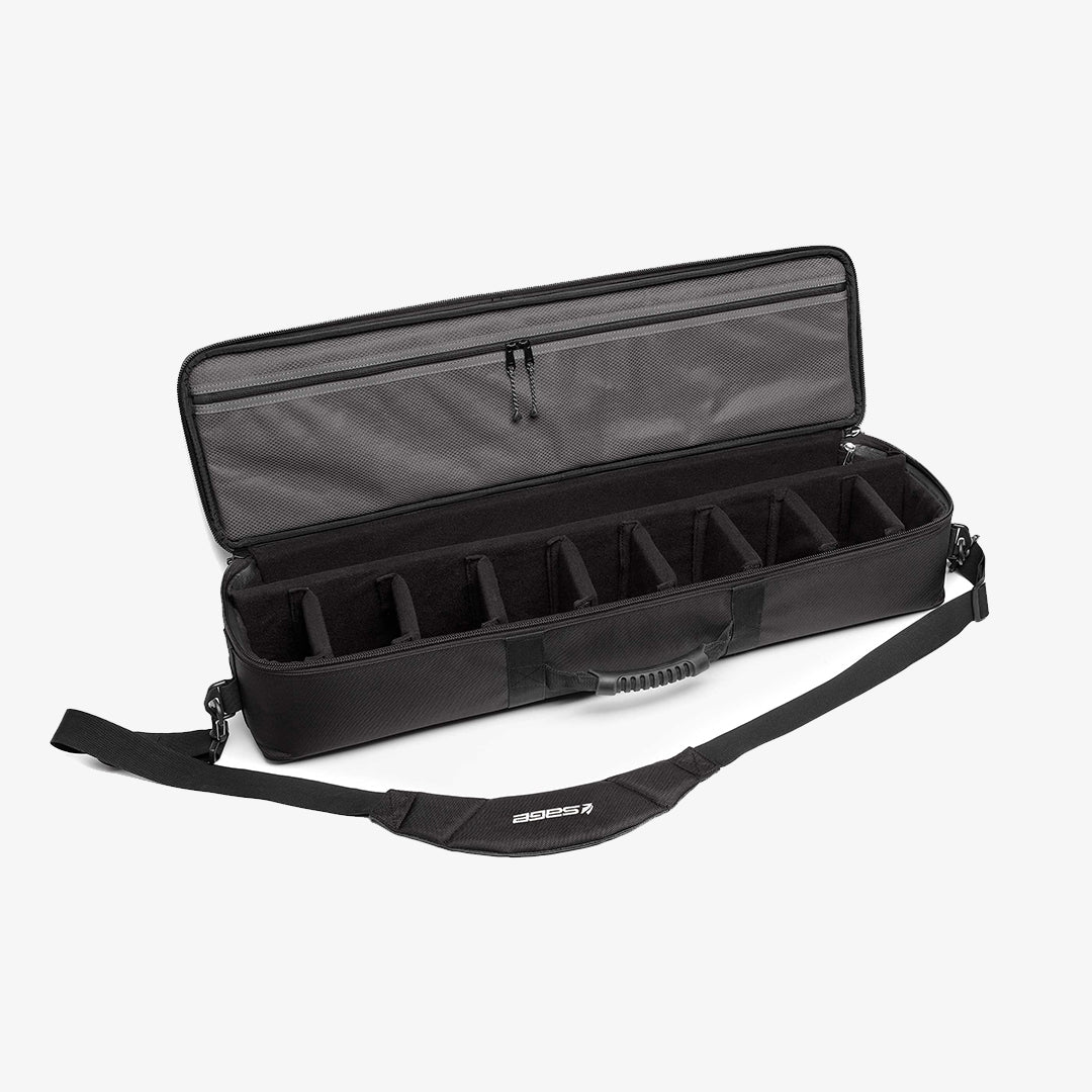 Sage Ballistic Rod and Reel Brief open black fishing case with padded dividers zippered storage compartments and adjustable shoulder strap