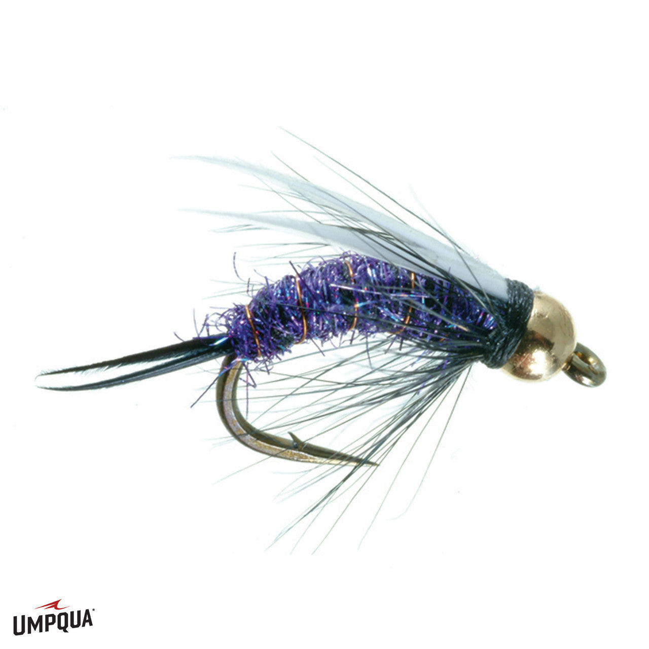 Close-up of a Purple Prince Nymph fishing lure with purple body, fine black and white fibers, and a gold bead head designed for fly fishing and musky tackle.