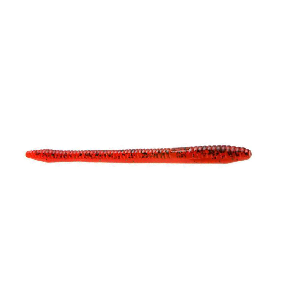 Zoom Finesse Worm fishing lure in bright red with black speckles, designed for freshwater fishing tackle to attract muskies and other game fish.